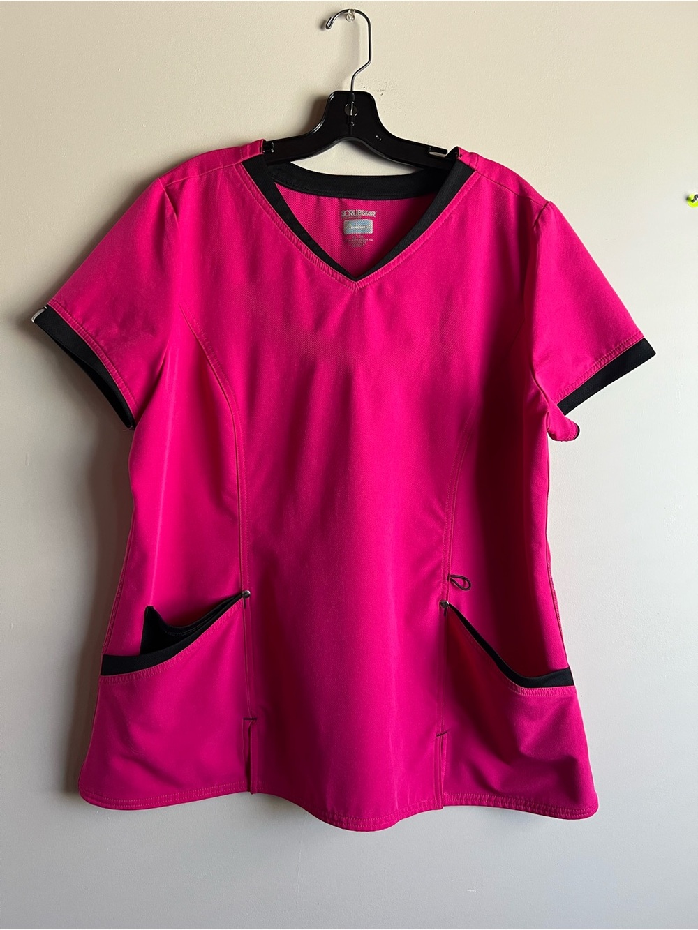 Scrubstar XL Hot Pink Black V Neck Scrub Top Medical Nursing Uniform Pockets